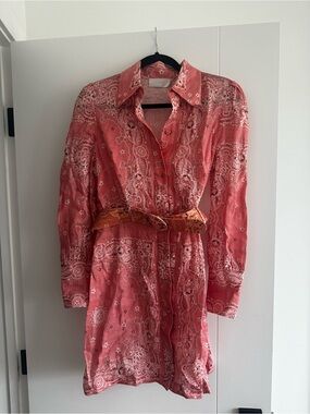 Zimmermann Coral Pink Paisley Mini Shirt Dress